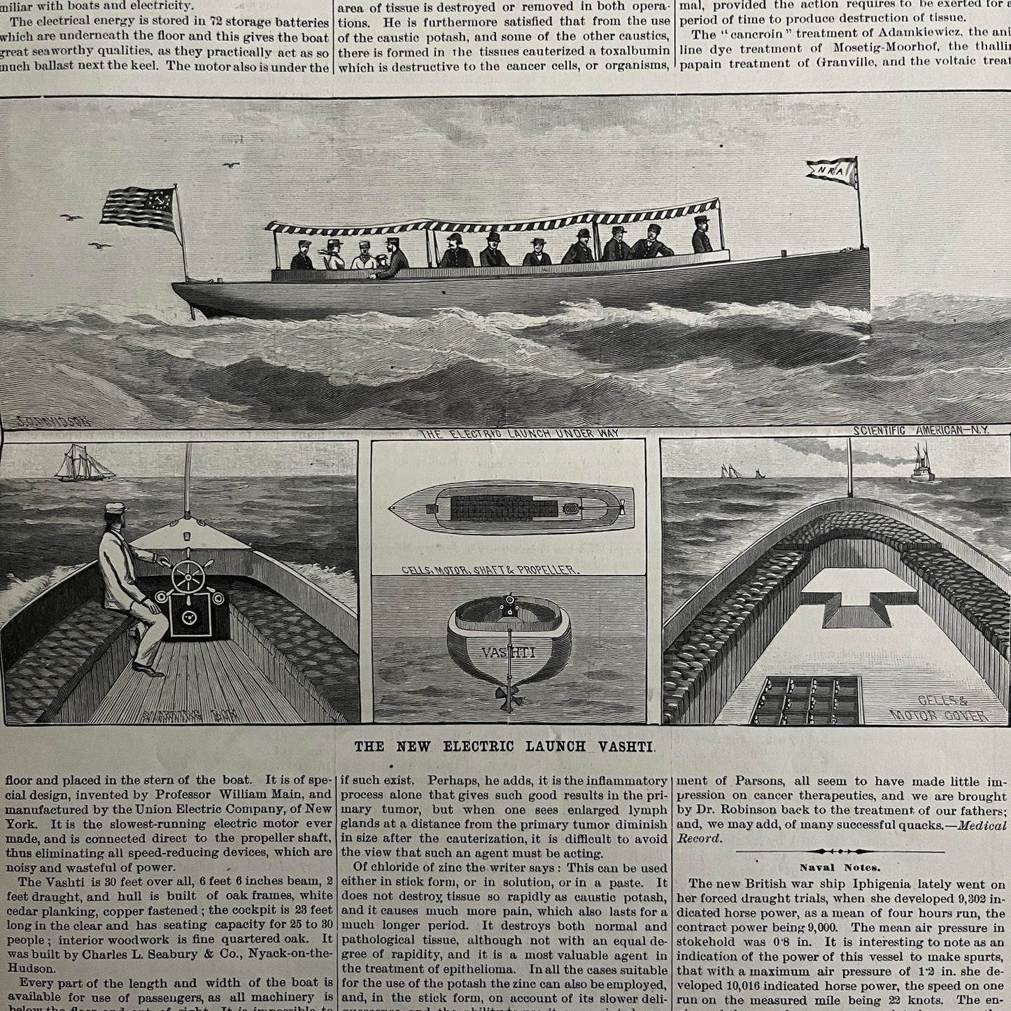 Electric Launch Vashti Boat Engraving & Article 1892 Scientific American D8-4