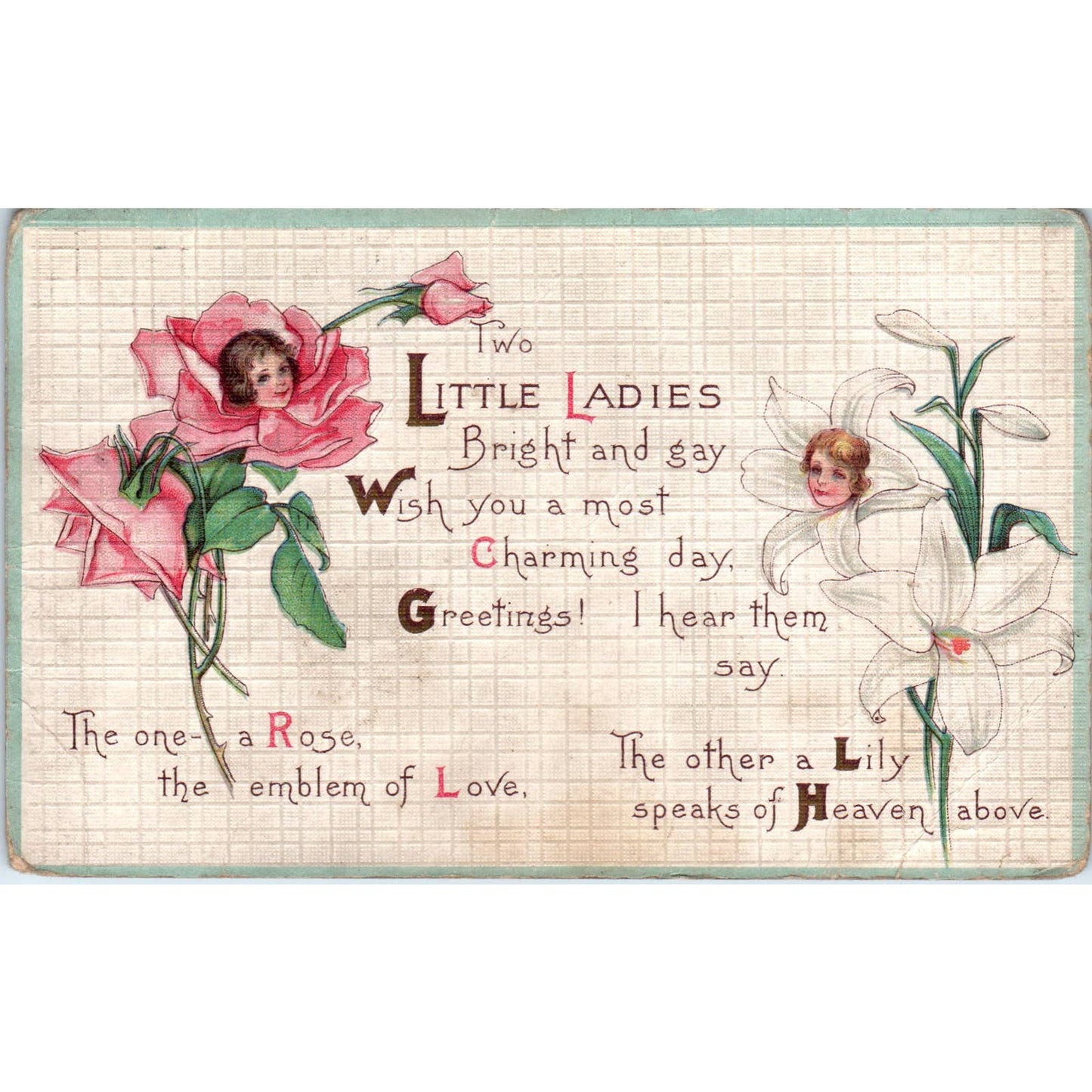 Little Ladies Face in Flower Rose Lily 1915 Original Postcard TK1-27