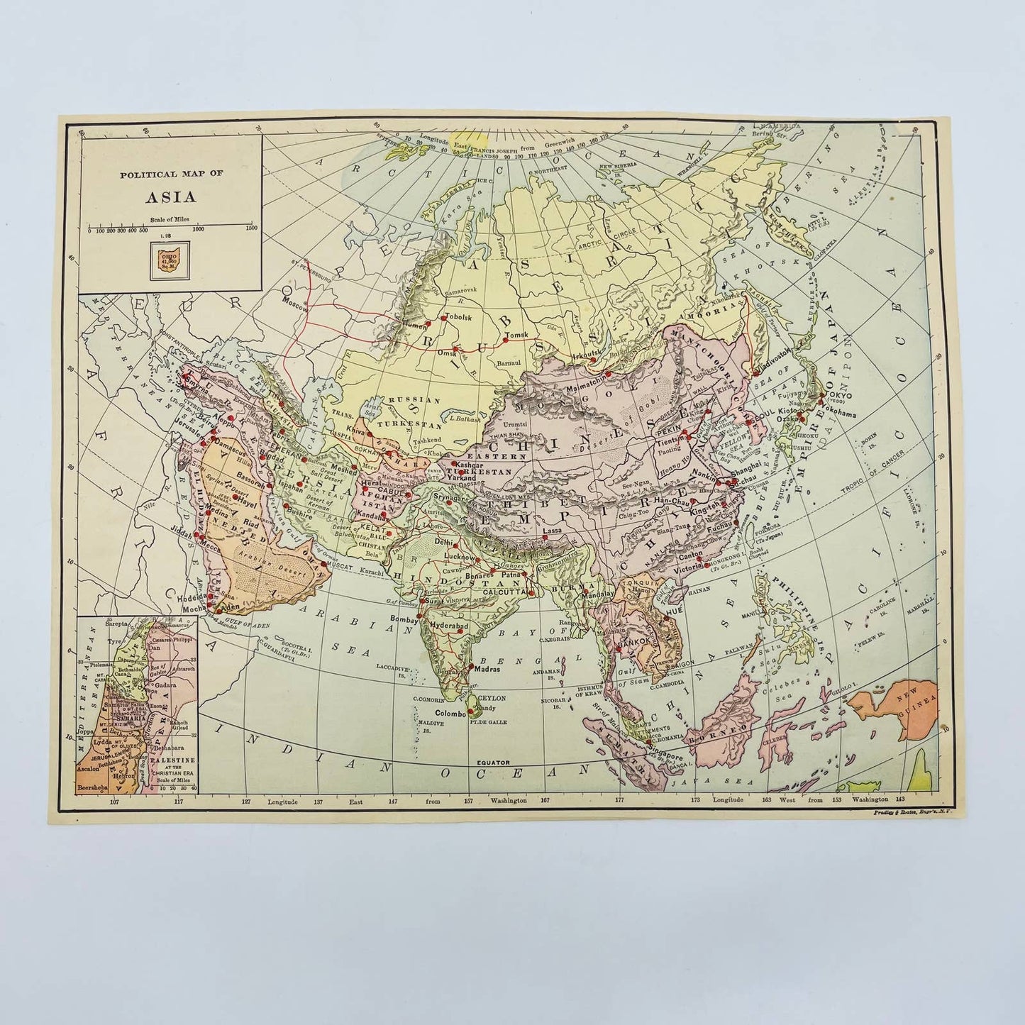 1896 Harper’s School Geography Political Map of ASIA Color Engraved 8x10” FL1