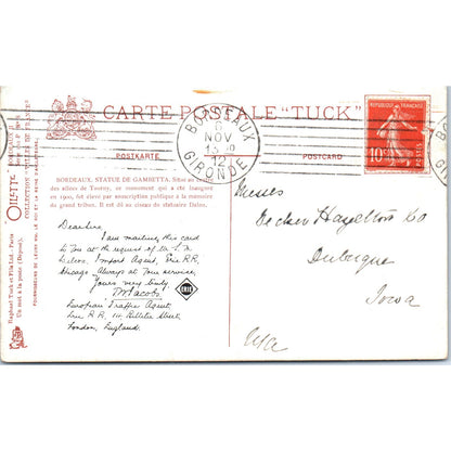 Bordeaux Statue De Gambetta Raphael Tuck Oilette Original Postcard P2-12