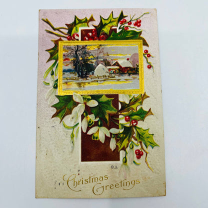 1910s Christmas Post Card Embossed Farmhouse Holly Floral E. Nash Gilt PA4