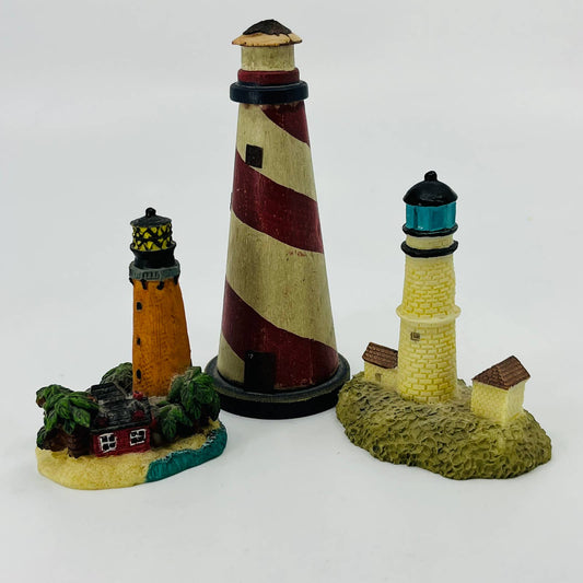 Set of 3 Miniature Lighthouse Figurines 2 Resin 1 Wood See Pic for Scale TD2