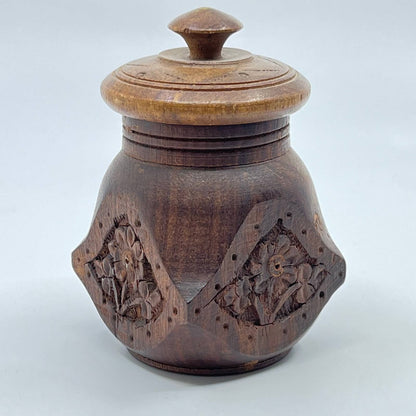 Vintage Teak Wood Carved Tea Canister Jar Urn w/ Lid India 3” TE5