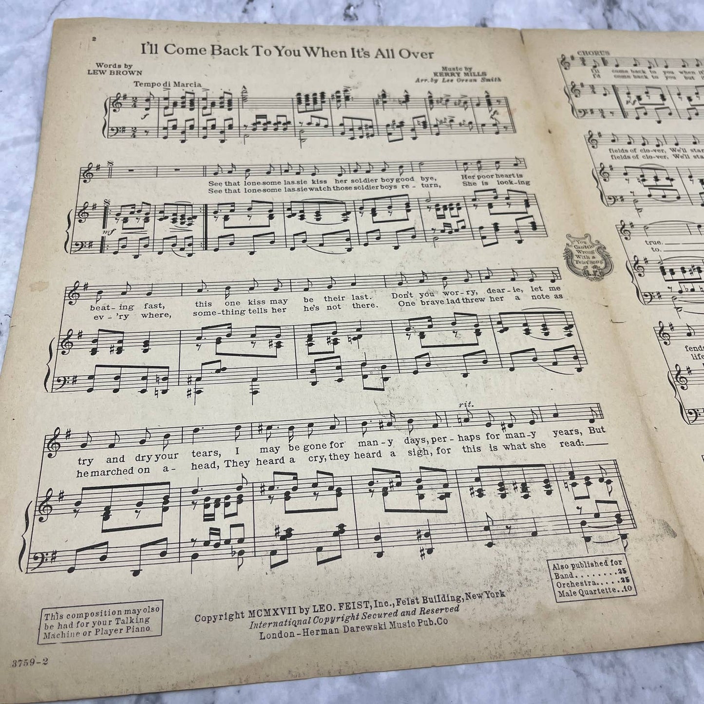 I'll Come Back To You When It's All Over Lew Brown 1917 Sheet Music TK2-SM3