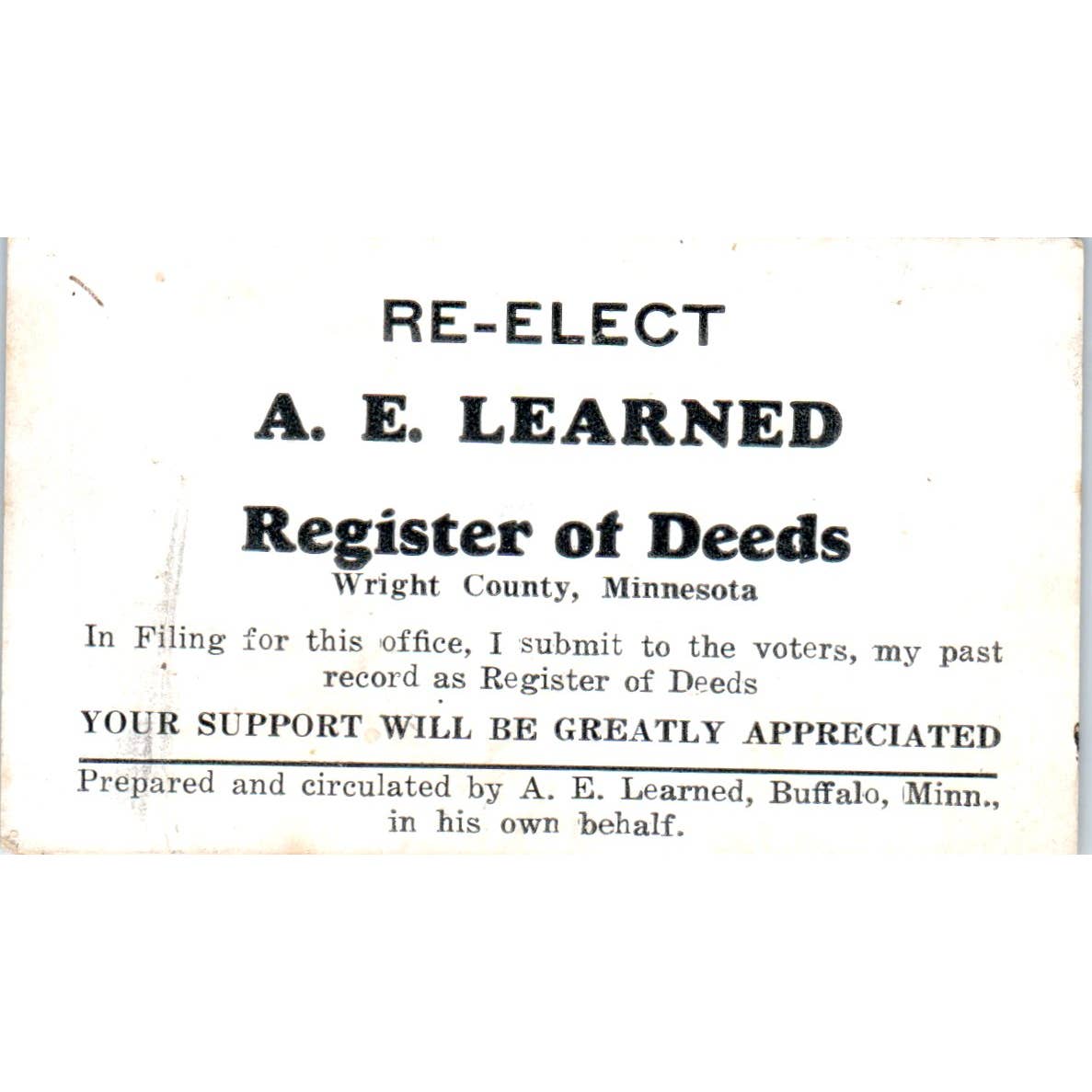 Vintage Political Advertising A.E Learned Register of Deeds Wright County MN EA3