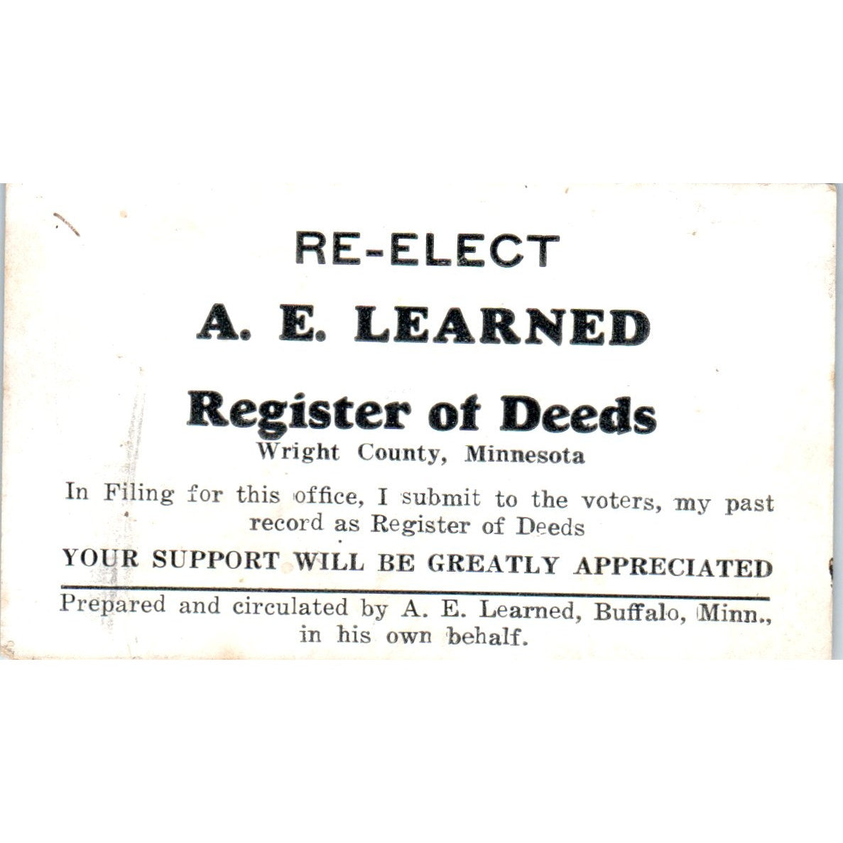 Vintage Political Advertising A.E Learned Register of Deeds Wright County MN PX2