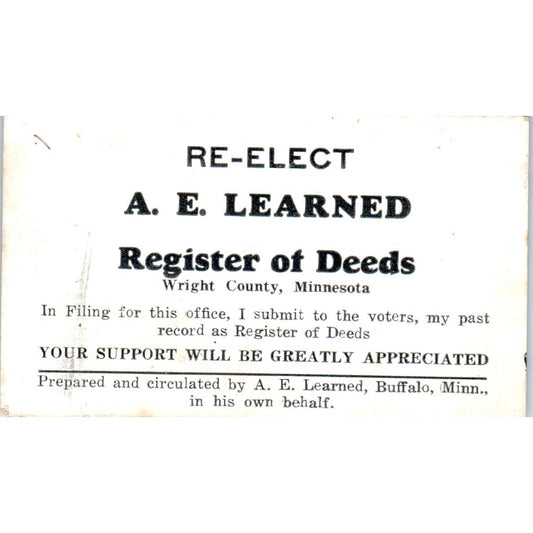 Vintage Political Advertising A.E Learned Register of Deeds Wright County MN PX2