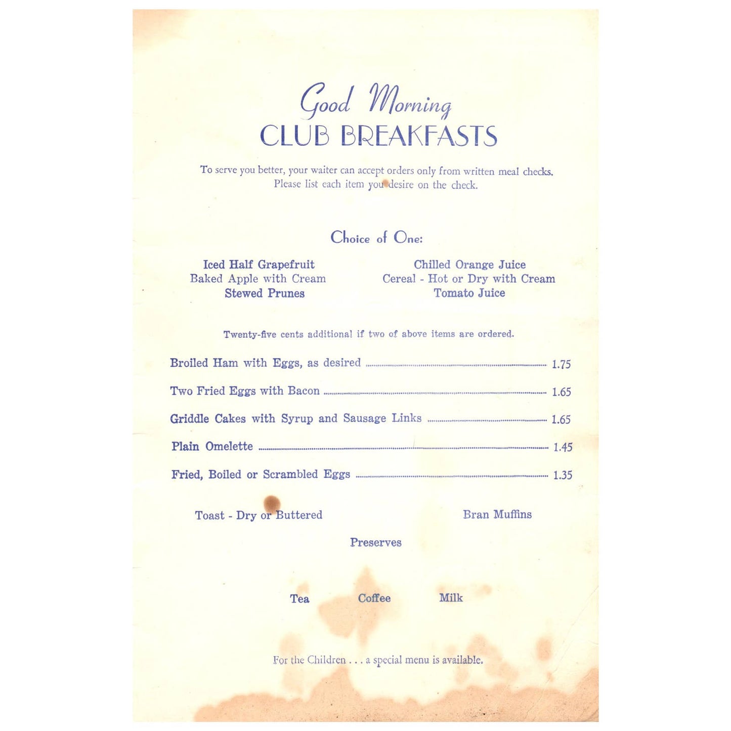 1952 Pennsylvania Railroad A La Carte & Club Breakfast Menu AD8