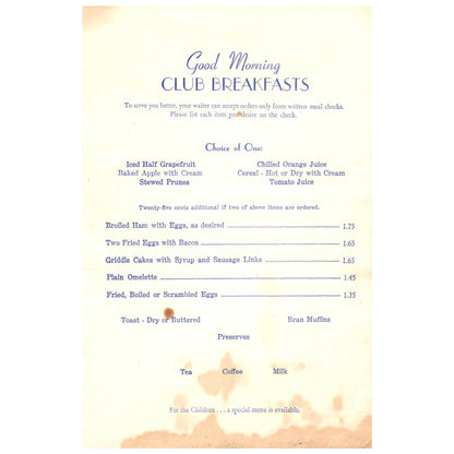 1952 Pennsylvania Railroad A La Carte & Club Breakfast Menu AD8