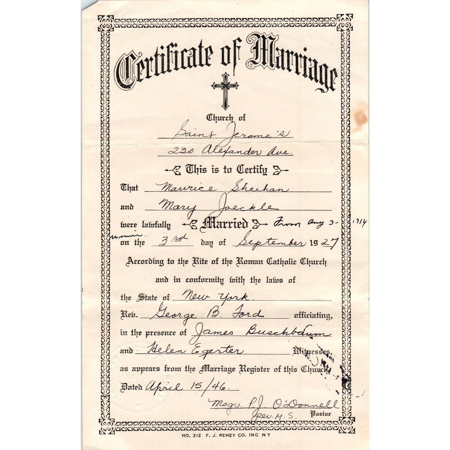 1946 Certificate of Marriage St. Jerome's NYC Maurice Sheehan Mary Jaeckle AD4