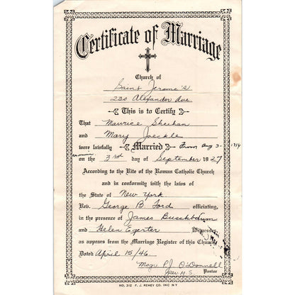 1946 Certificate of Marriage St. Jerome's NYC Maurice Sheehan Mary Jaeckle AD4