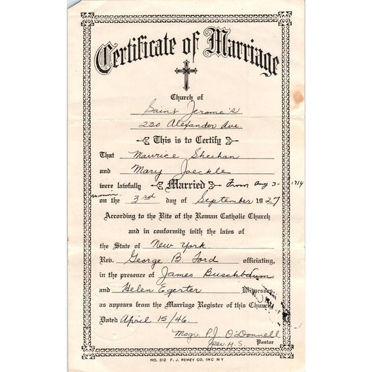 1946 Certificate of Marriage St. Jerome's NYC Maurice Sheehan Mary Jaeckle AD4