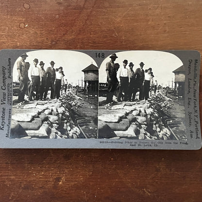 Building Dikes to Protect Against Flood East St. Louis IL Stereoview Card H2-4