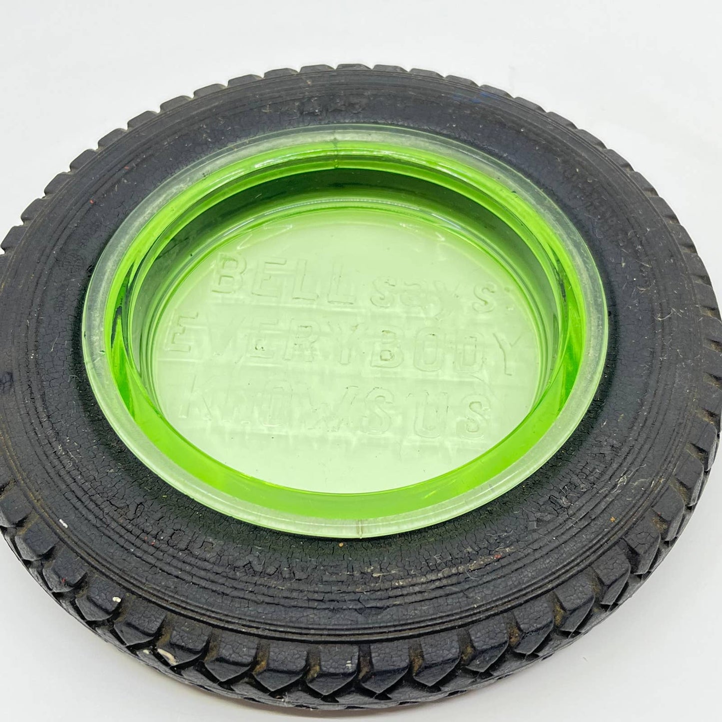 Vintage Kelly Springfield Heavy Duty Tire Uranium Glass Advertising Ashtray TE3