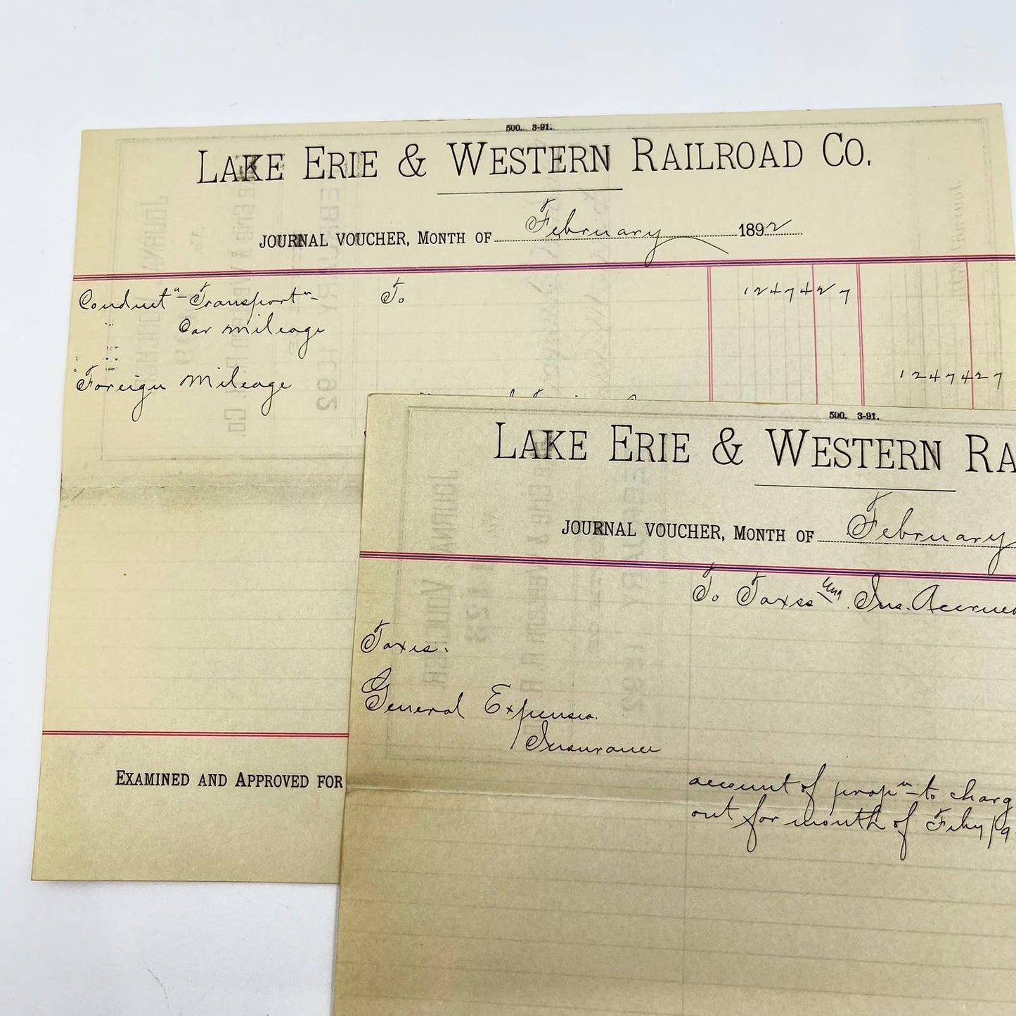 1892 Lake Erie & Western Railroad Co. Journal Voucher RR Lot of 2 AB1-3