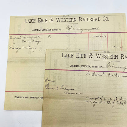 1892 Lake Erie & Western Railroad Co. Journal Voucher RR Lot of 2 AB1-3