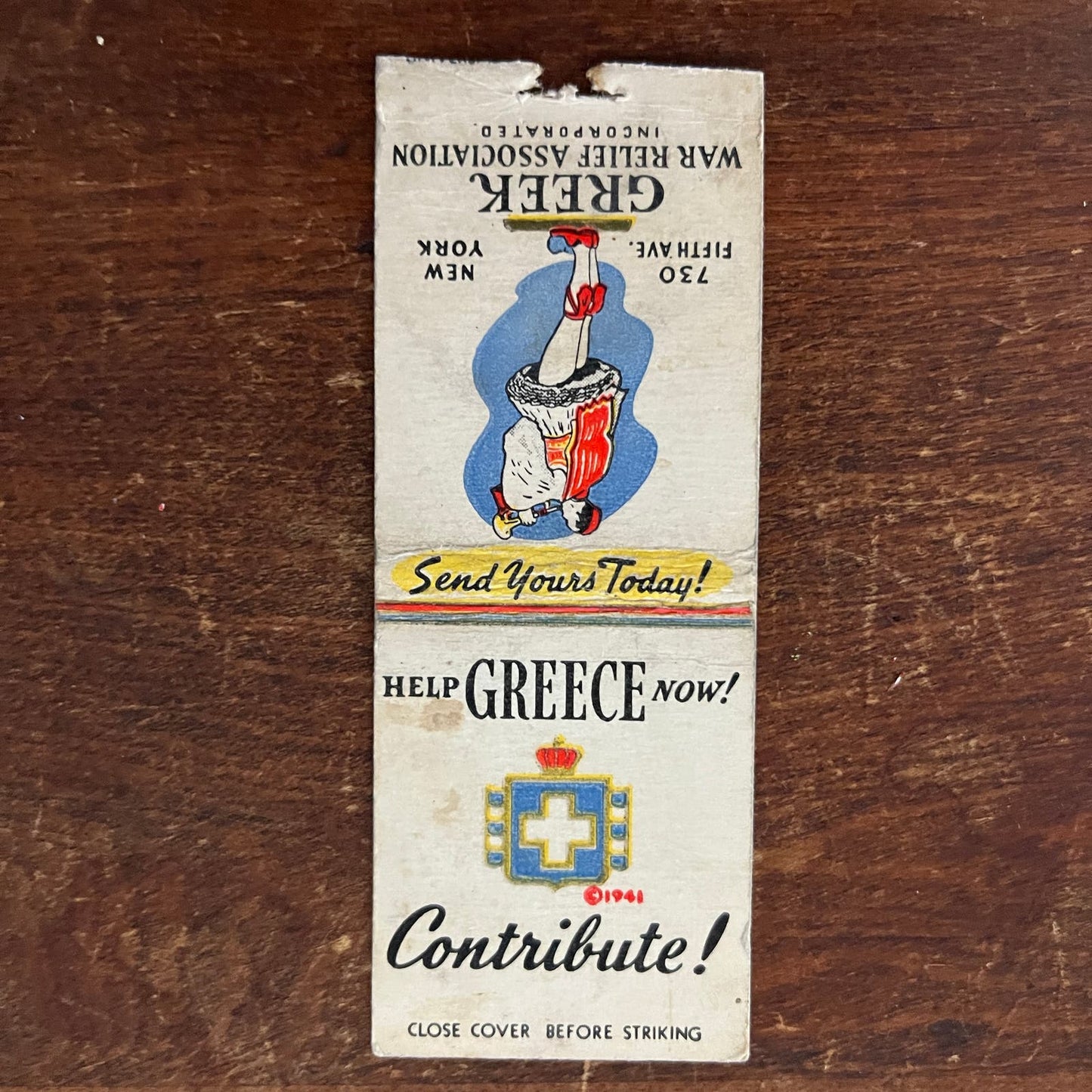 1941 WWII Greek War Relief Association Fund Advertising Matchbook Cover SB3-M1