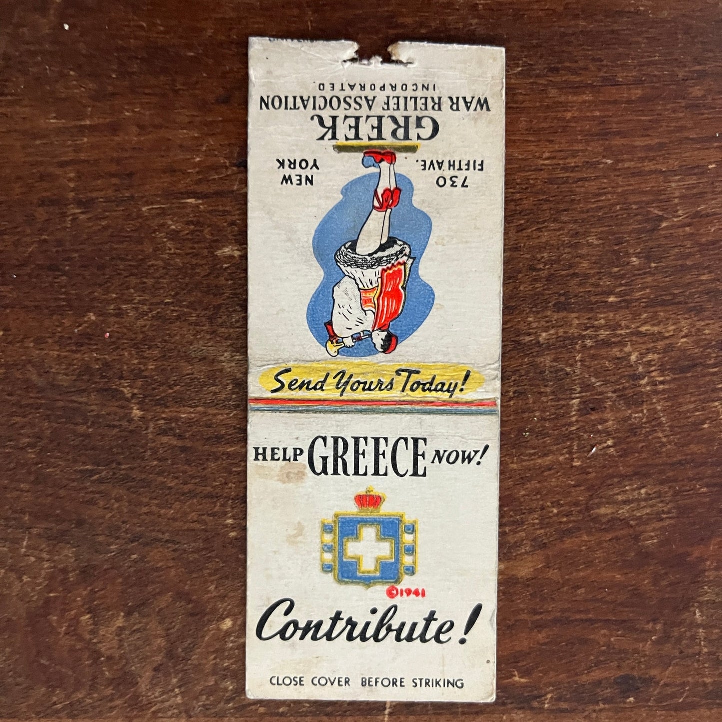1941 WWII Greek War Relief Association Fund Advertising Matchbook Cover MM11-7