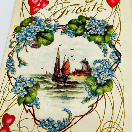 1909 Post Card Illustrated Embossed Sailboat Hearts Windmill Dresden Gilt PA7