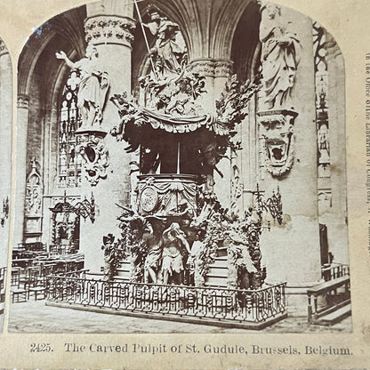Carved Pulpit of St. Gudule Brussels Belgium Antique Stereoview Card H2-4