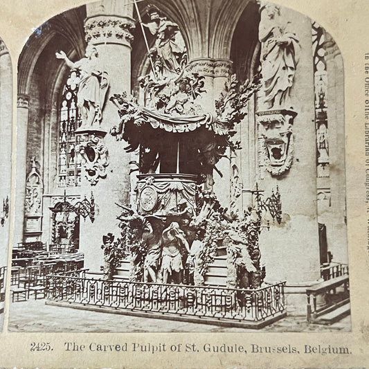 Carved Pulpit of St. Gudule Brussels Belgium Antique Stereoview Card H2-4