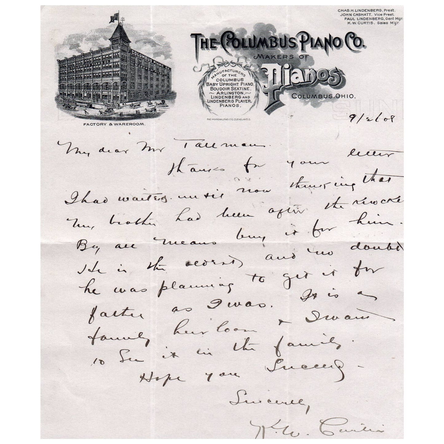 1908 Sept - The Columbus Piano Co Letterhead Columbus OH AC9