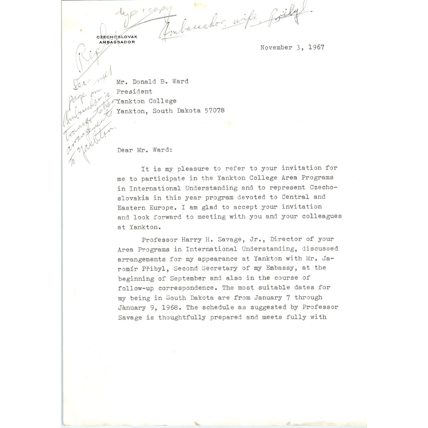 Czechoslovak Embassy Official Letterhead Memo Dr. Karl Duda Nov 3 1967 B15