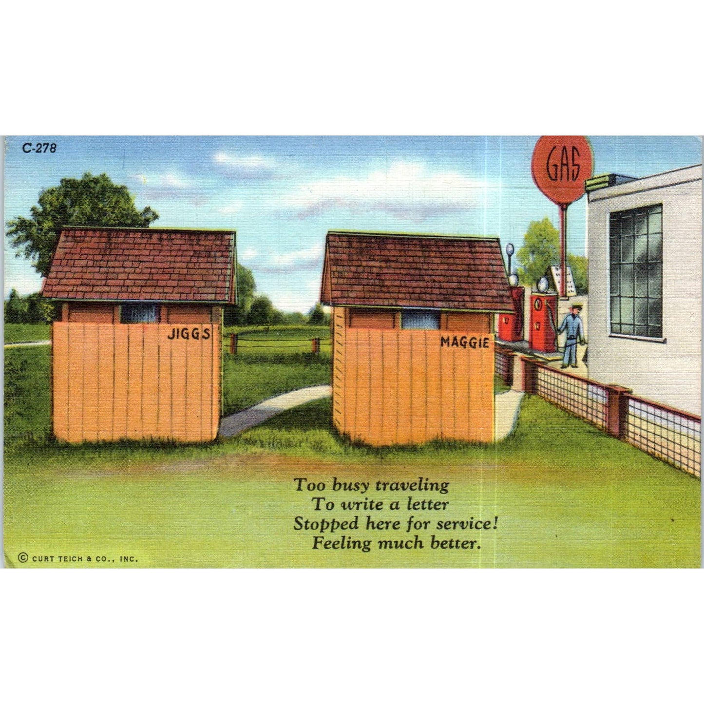 1940s Gas Station Outhouse Road Trip Comic Humor Teich Original Postcard TK1-P12