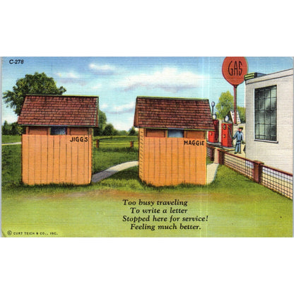 1940s Gas Station Outhouse Road Trip Comic Humor Teich Original Postcard P2-7