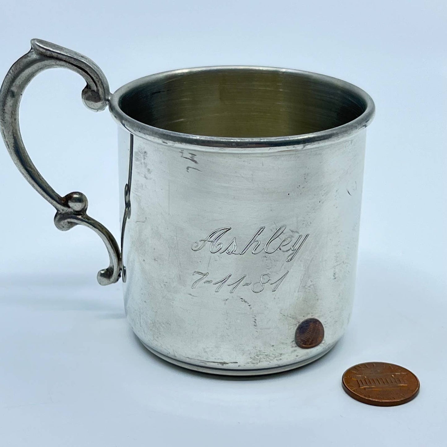 Vintage Eastern Pewter Cup Mug Monogrammed “Ashley” 7-11-81 TF5