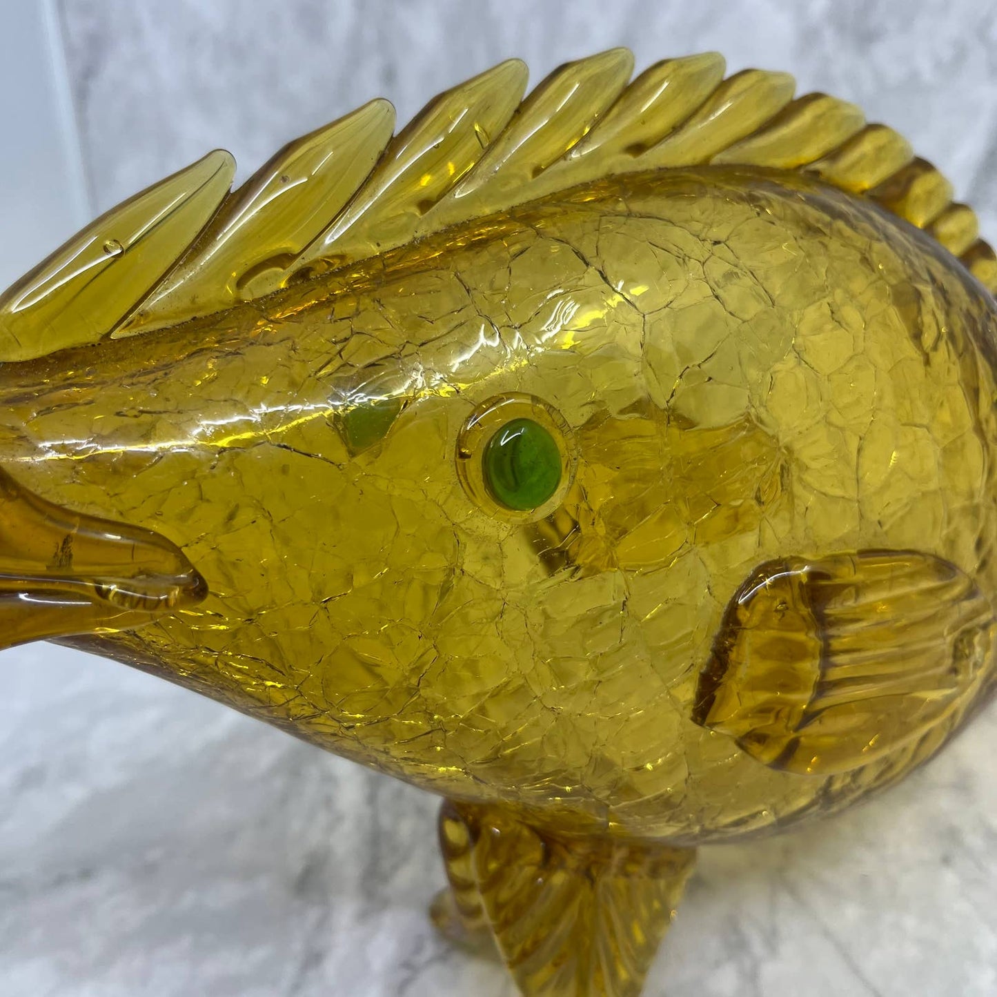 1960s MCM Hand-Blown Golden Honey Amber Crackle Glass Fish Decanter 17.5” TB4