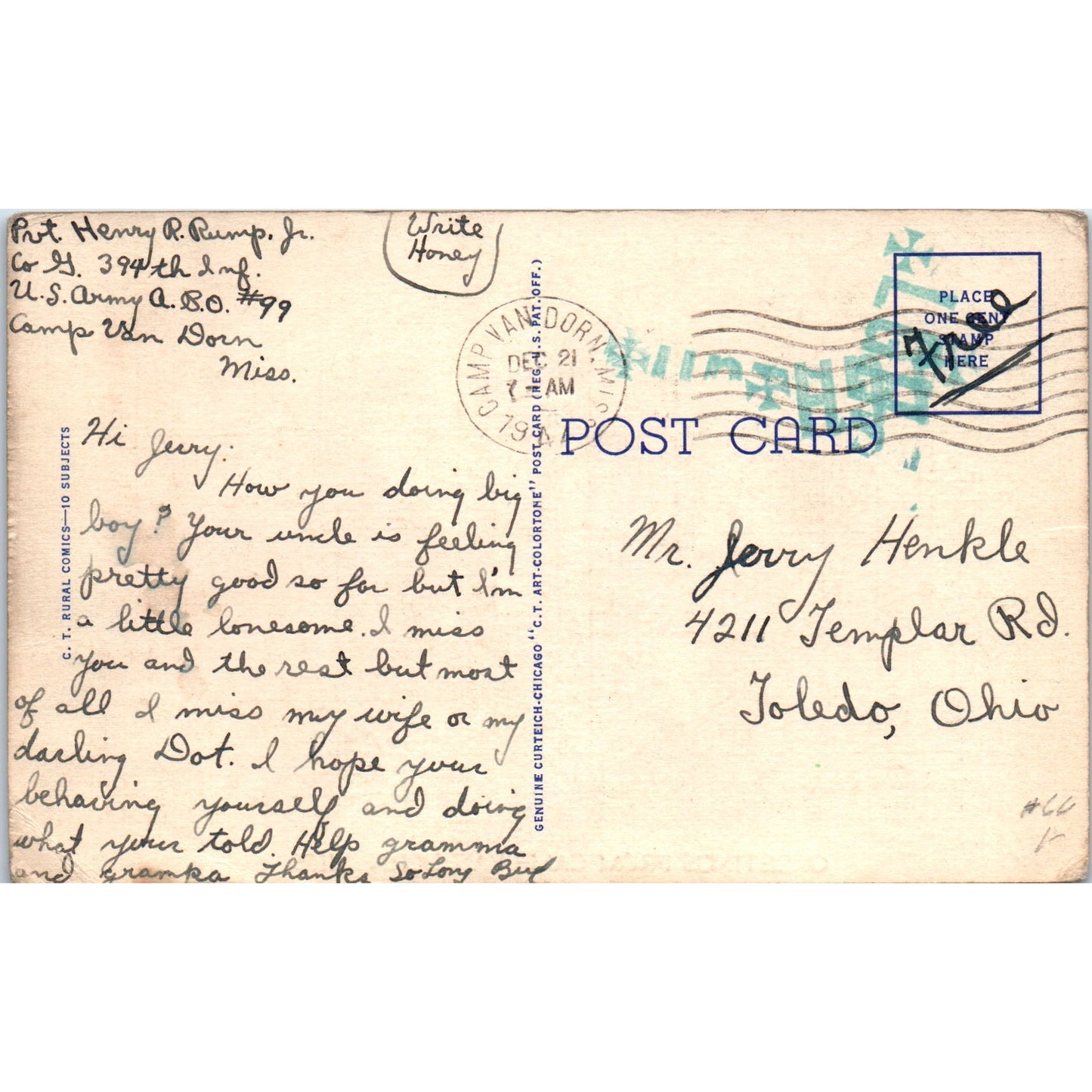 Better Not Kick My A__ Humor Camp Van Dorn Cartoon 1944 Original Postcard P1-15