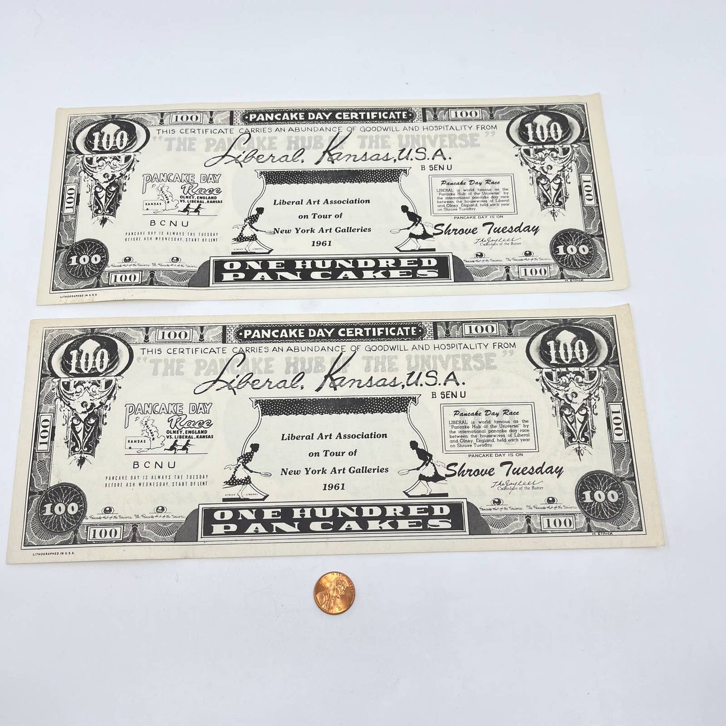 1961 Liberal Kansas Pancake Day Certificate Set of 2 Funny Money TF7