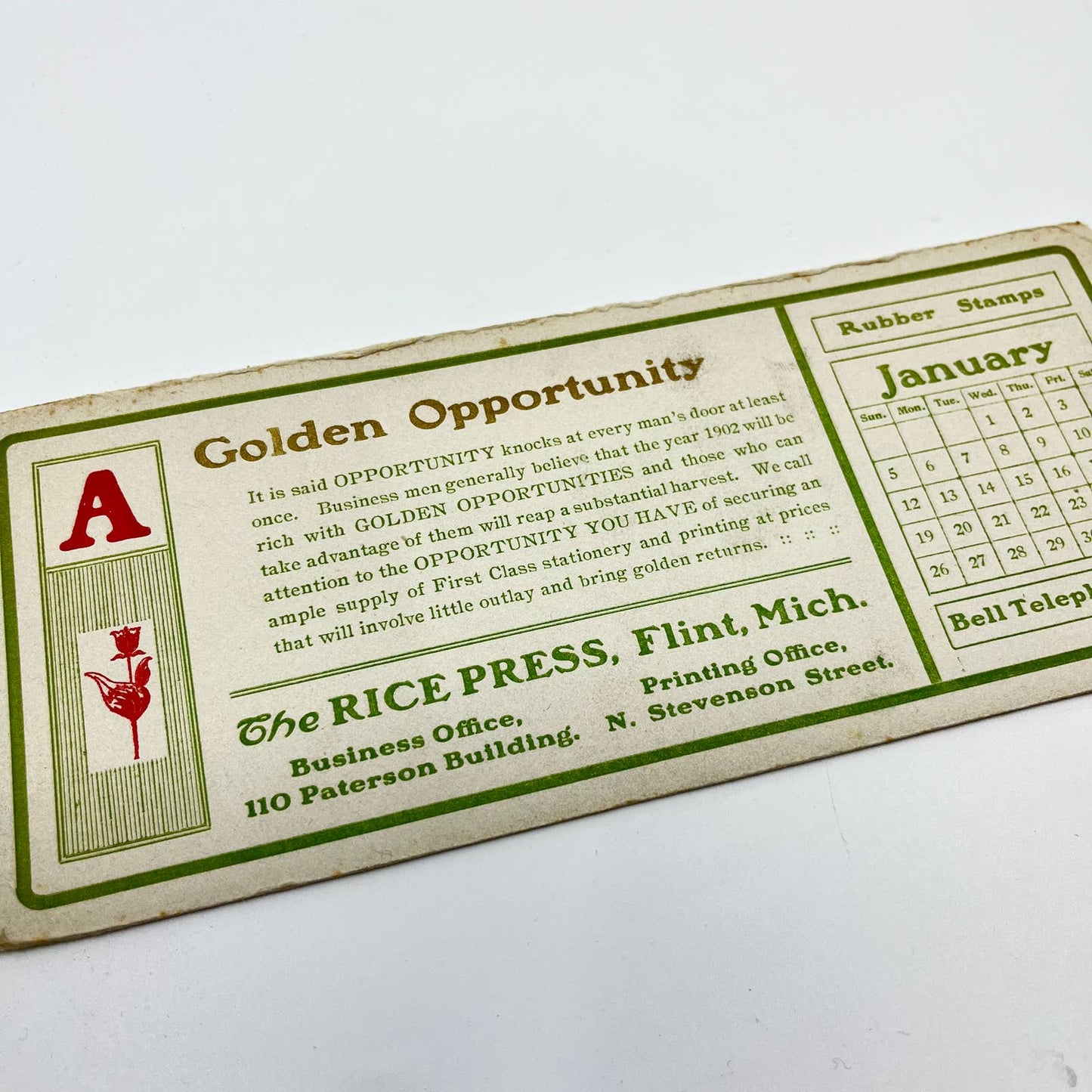 1910s Blotter Card The Rice Press Golden Opportunity Jan Calendar Flint MI SC8
