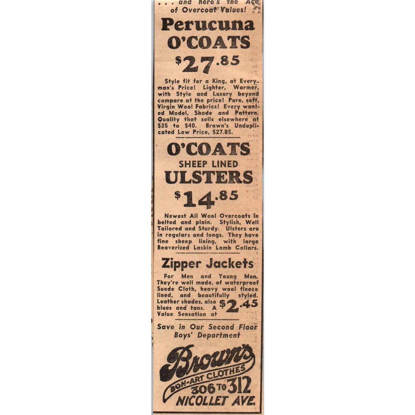 1935 Minneapolis Journal Newspaper Ad Brown's Bon-Art Clothes Nicollet Ave FL5-4