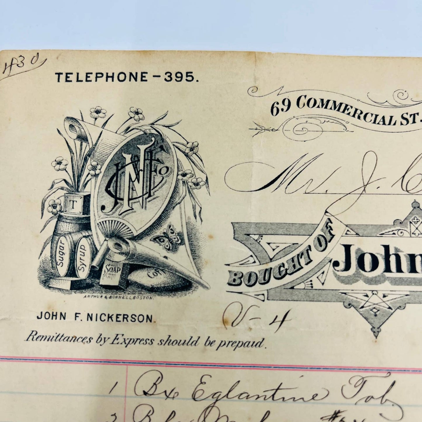 1886 Early Telephone No. John Nickerson Grocer Boston MA Billhead Letterhead AA4