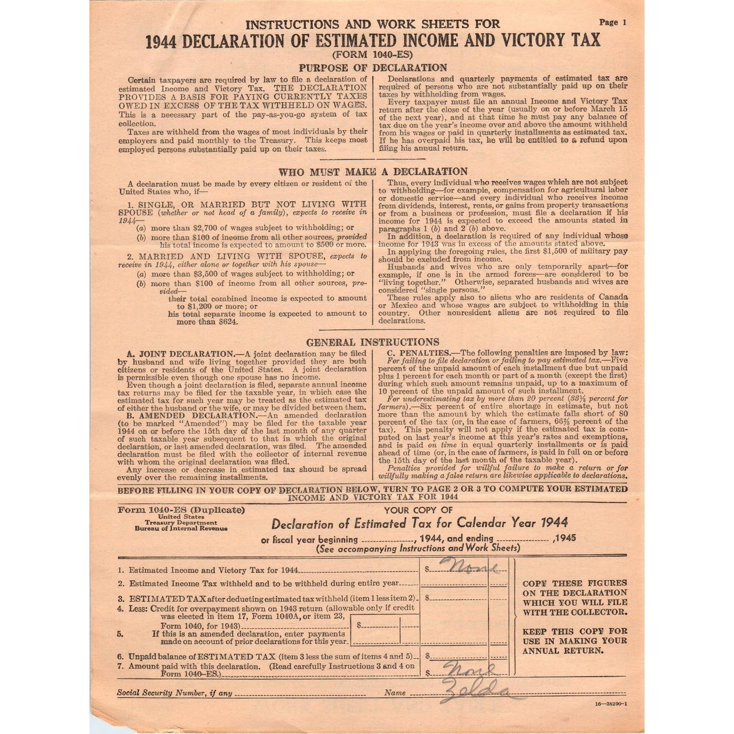 1944 WWII Income and Victory Tax Declaration Form 1040-ES Zelda AD4