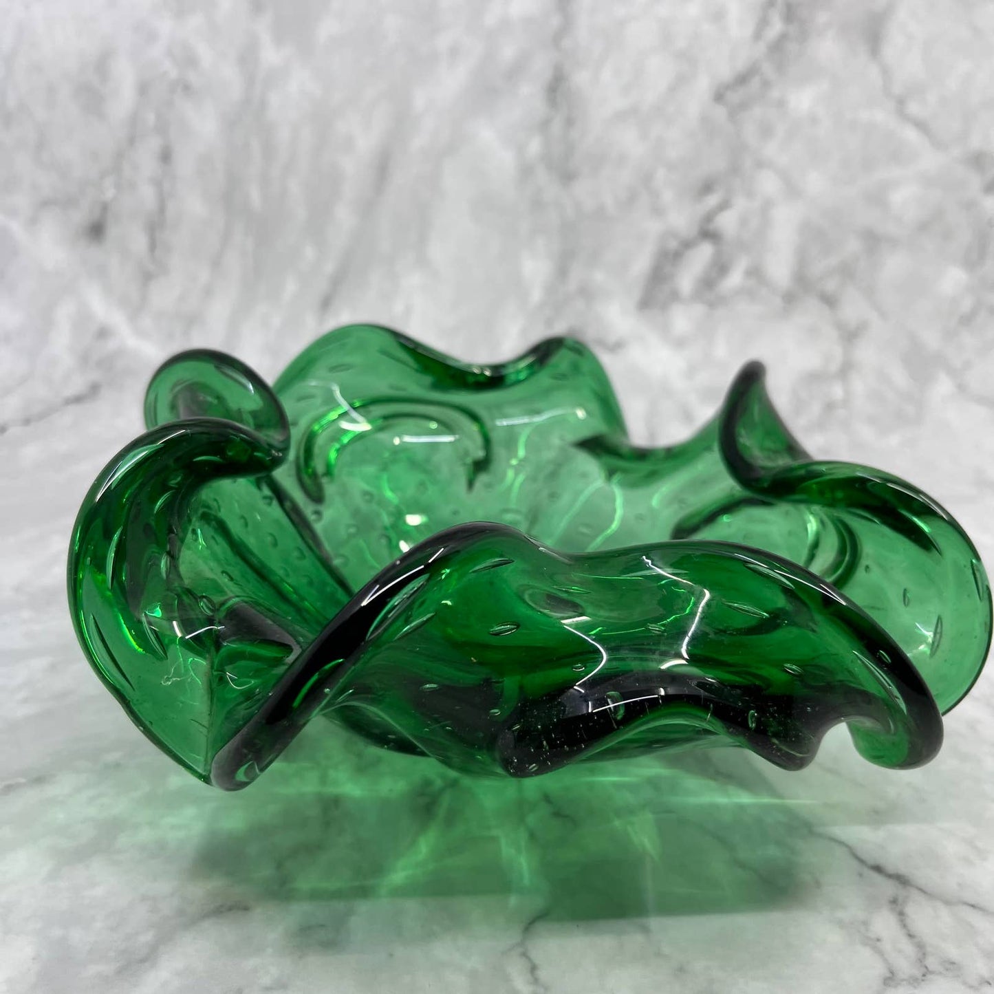 Vintage Emerald Green Swirly Murano Art Glass Bowl Heavy Glass 7" TA2