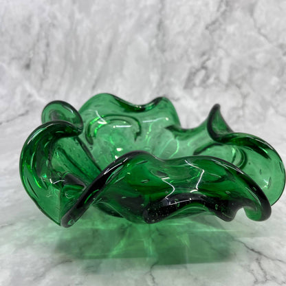 Vintage Emerald Green Swirly Murano Art Glass Bowl Heavy Glass 7" TA2