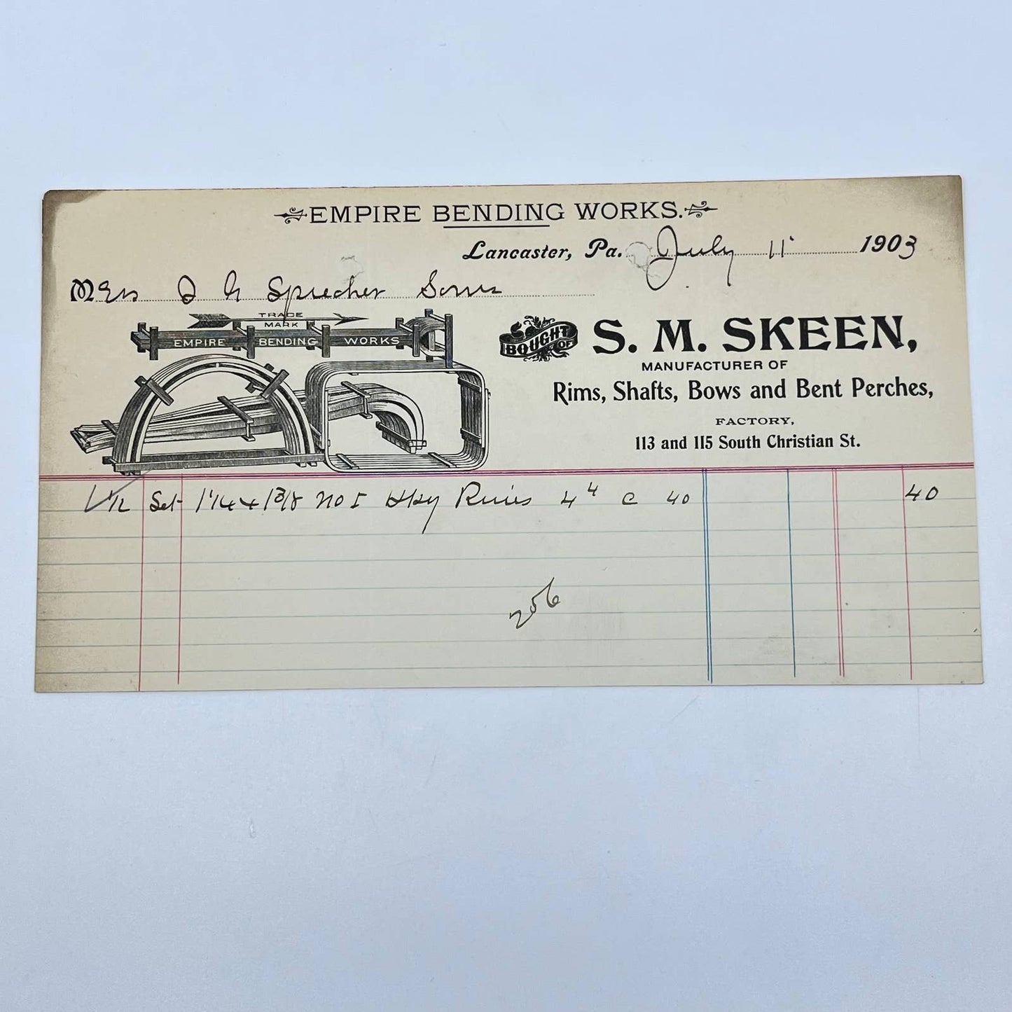 1903 S.M. Skeen Empire Bending Works Letterhead Lancaster PA AB5