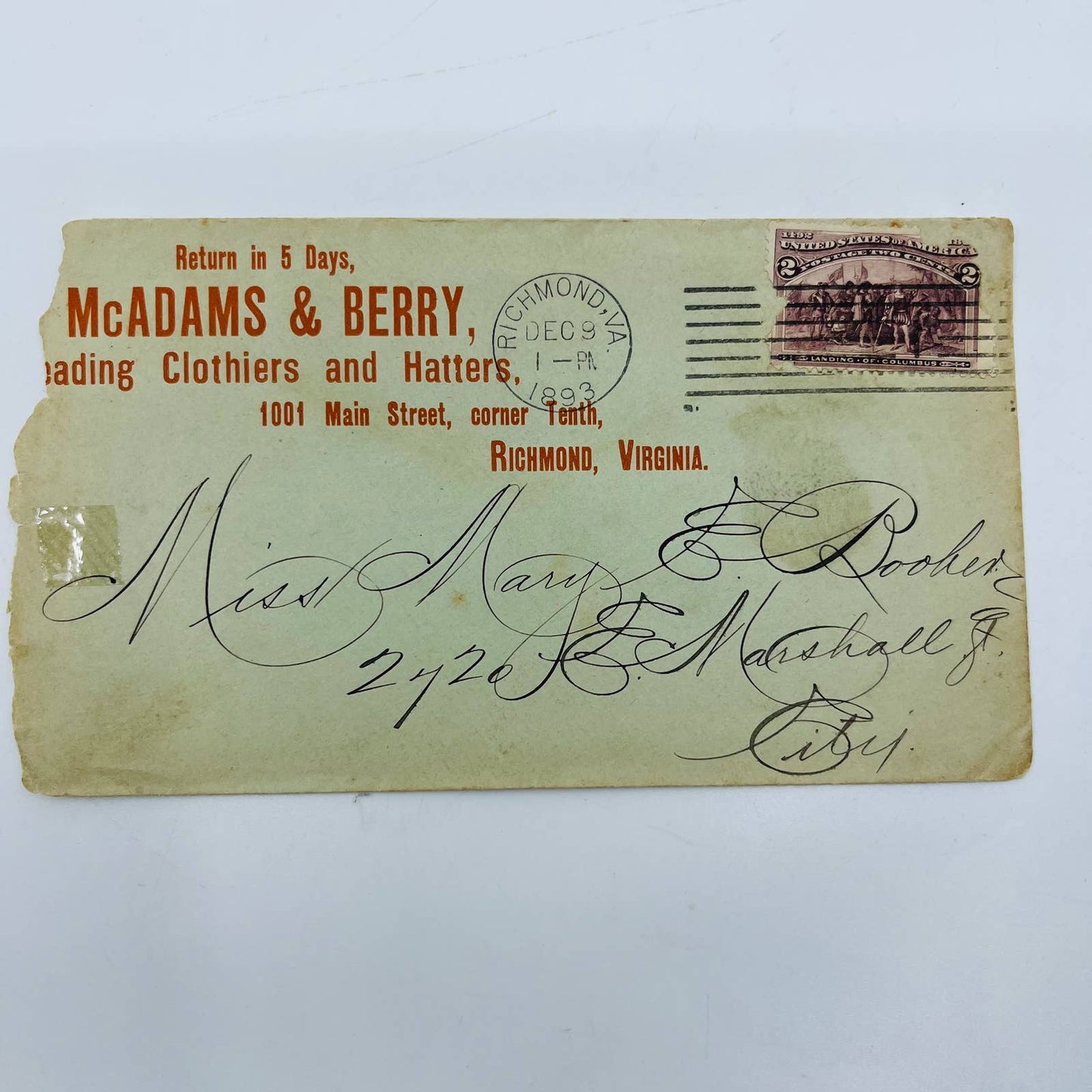 1893 Posted Envelope McAdams & Berry Clothiers Mary E. Booker Richmond VA AA5