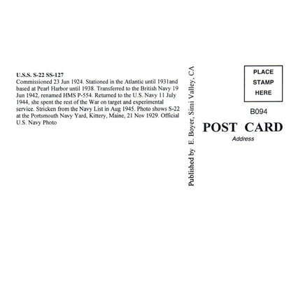 USS S-22, SS-127 - Original Postcard TJ8-5