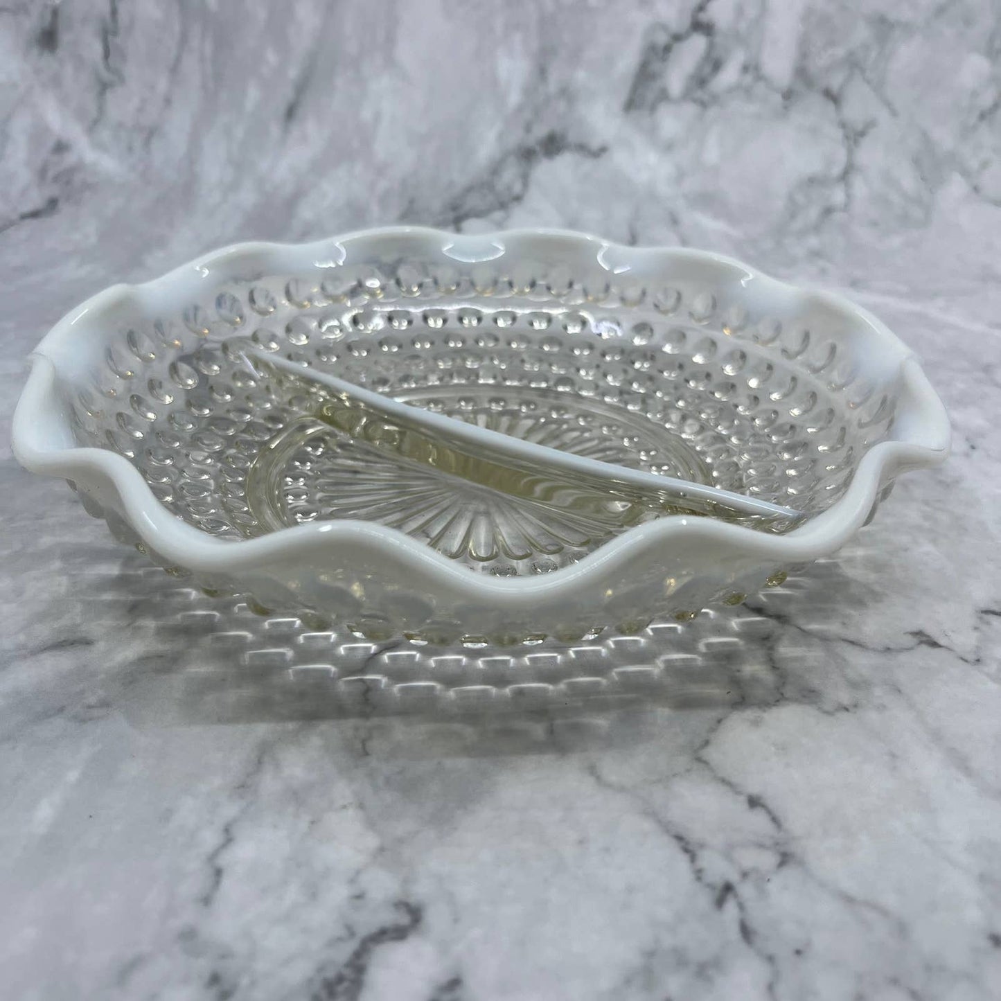 Anchor Hocking Moonstone Opalescent Hobnail Ruffled Divided Candy Dish 7.5” TC4