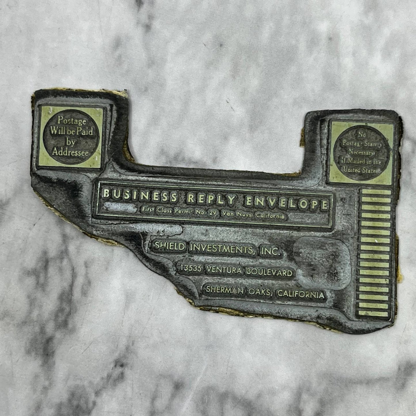 Vintage Letterpress Printers Block Plate Shield Investments Sherman Oaks CA TJ57