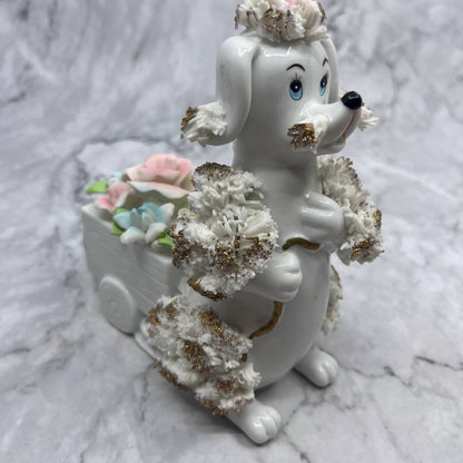 1950s Pink Porcelain Spaghetti Noodle White Poodle Bone China Flowers 5x6 TI8