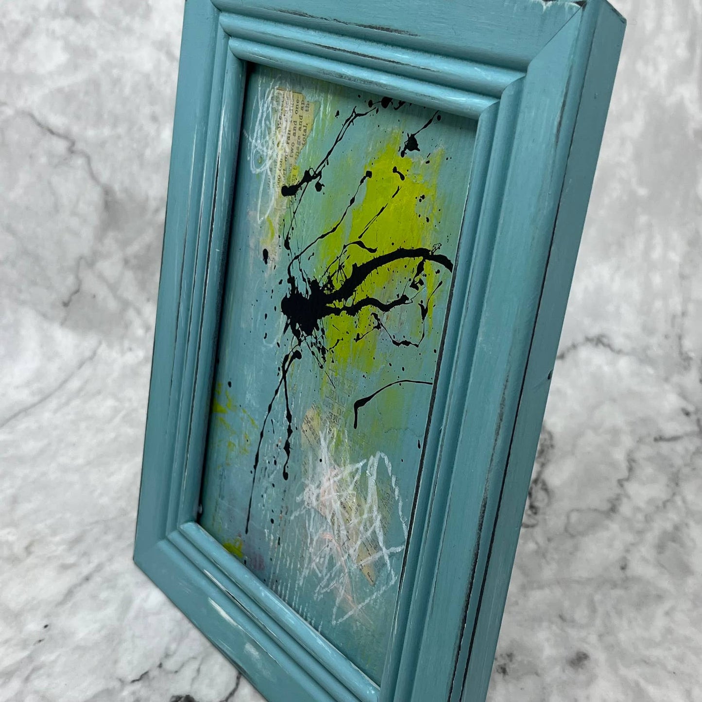 Original Framed Mixed Media Abstract Art Painting 7x9 “7x9 Teal Frame” With COA