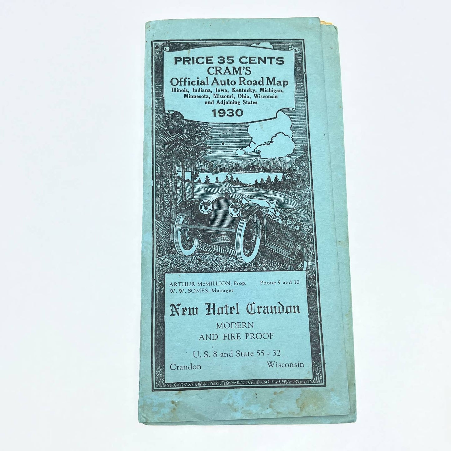 1930 New Hotel Crandon WI Official Auto Road Map of Midwest McMillion TF5