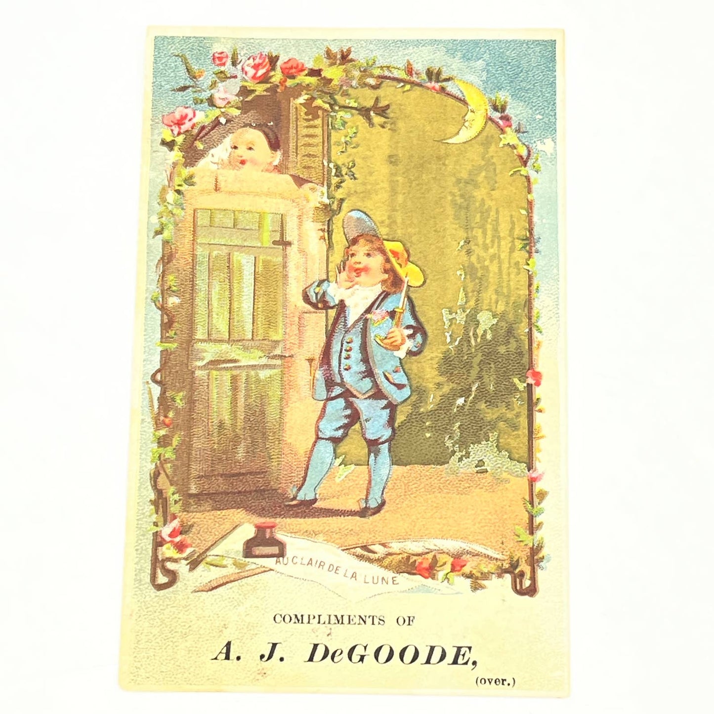 1880s Victorian Trade Card Blue Boy A.J. DeGoode Cigars Brooklyn AB6