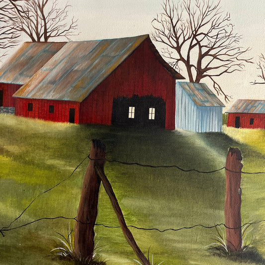 Vintage Kitsch Original Art Oil Painting Red Barn Signed Debbie Curtis 16x20"