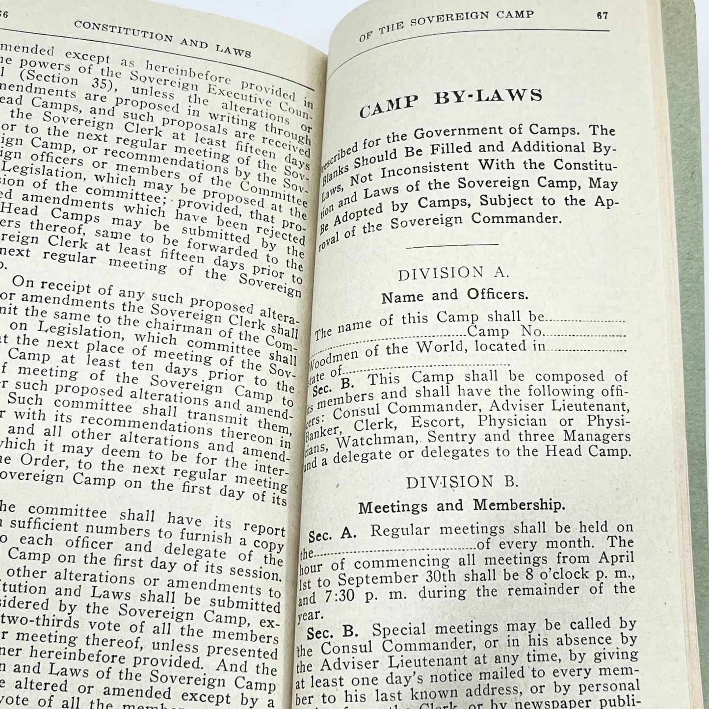 1913 Woodmen Of The World Constitution & By-laws Jacksonville FL TE8-4